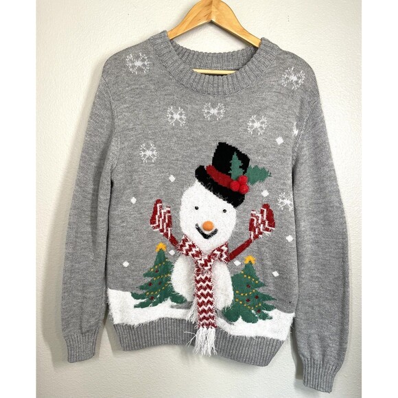 Cute Ugly Christmas Sweater Snowman 3D Scarf Hat Fuzzy Trees Snowflake Women's L - Picture 1 of 13
